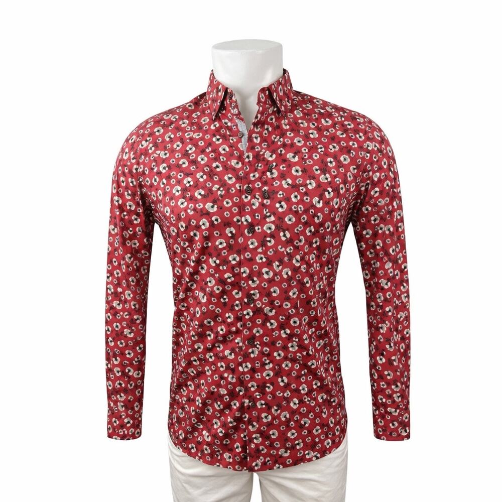 Ted Baker Men's Red Floral Modern Fit Long Sleeve Button Down Shirt Top Size 15